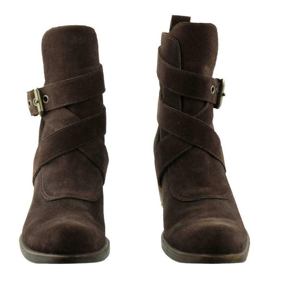 COLE HAAN G SERIES Ankle Boots Dark Brown Suede Sz. 9 B Buckled Chunky Heel - Picture 4 of 7